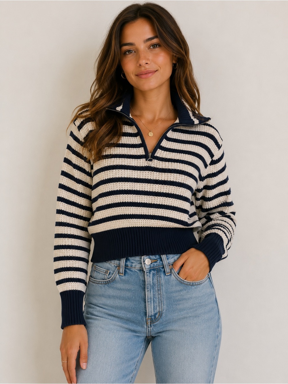 Sage‎ & Stone Navy & Off White Striped Quarter Zip Cropped Sweater Size L